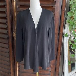 Theory Silk Front Flowy Black Long Sleeve Blouse Large